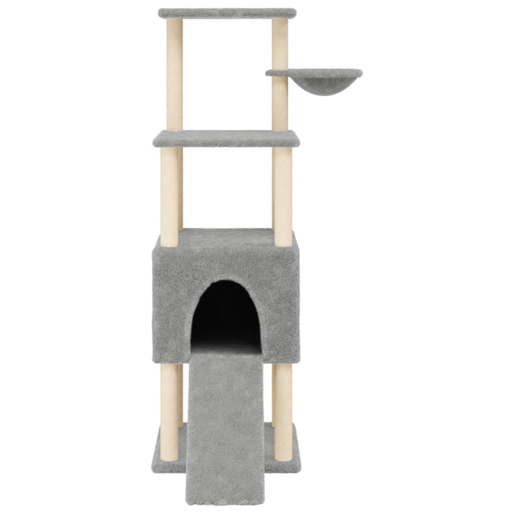Árbol rascador de 153 cm con cueva, color gris claro | Torre para gatos de varios pisos con cueva, hueco para tumbarse y rampa de juego para el salón, estable y versátil.