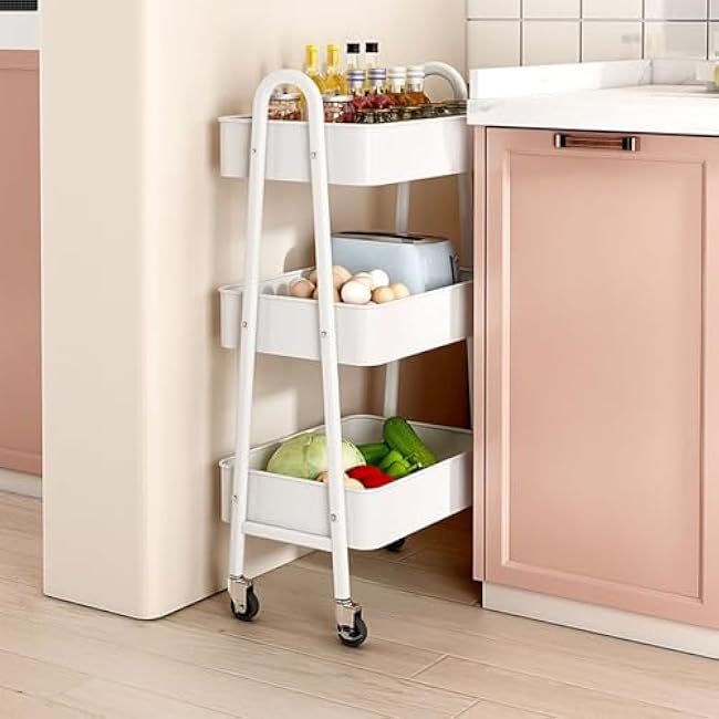 16.9¡° * 30.9¡± Multi-Tier Floor Trolley Shelf with Wheels Movable Kitchen Bathroom Living Room Organizer Shelf for Easy Storage Strong Load Bearing Capacity-IFBuJtsd
