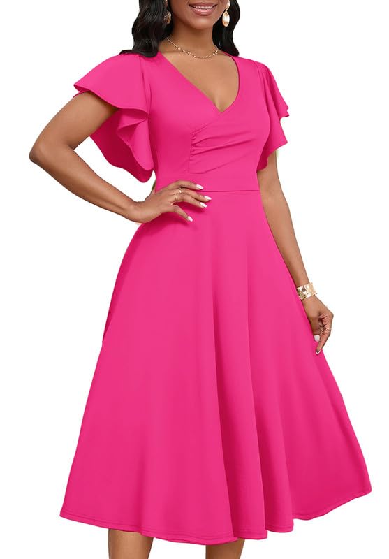 Image of MarryUP Women's Cocktail Midi Dress Elegant V Neck Ruffle Short Sleeve Wrap Wedding Guest Semi Formal A Line Dress