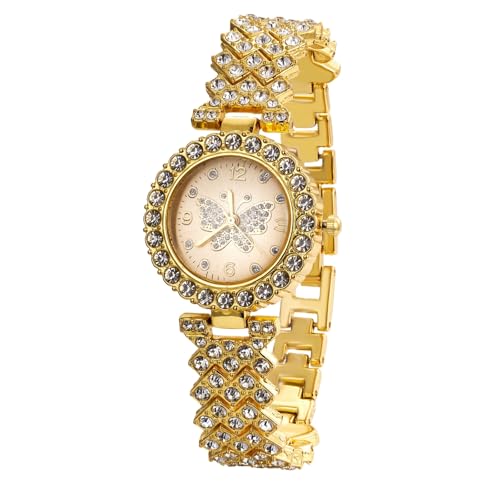 Halukakah Diamonds Watch Iced Out for Girl Teens Kids - 18K Real Gold/Platinum Plated,29mm Butterfly Pattern Dial,Japanese Quartz - 7.7