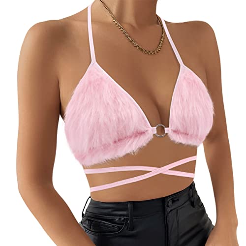 Vimoisa Women Sexy Lace-up Triangle Deep V Bikini Bra Top Vest Downy Halter Backless Crop Top Clubwear4