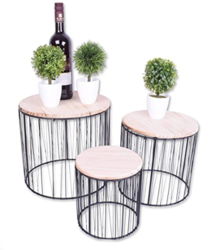 BeBuy24 Beistelltisch Dekotisch Pflanzentisch 3 ER Set Holz/Metal Beistelltisch Skandinavisch Tischset Dekotisch Wohnzimmertisch Cover