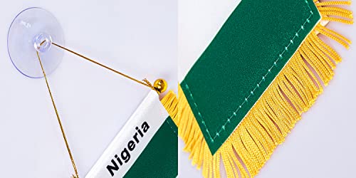 WXTWK 3 X 5 Inch Nigeria Flag Nigerian Window Hanging Flag Small Mini Car Flags Banners Rearview Mirror Decoration With Suction Cup Golden Fringy Banner