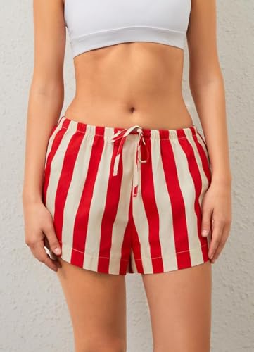 Image of Women Striped Boxer Shorts Casual Wide Leg Drawstring Low Rise Elastic Waist Pajama Lounge Pj Sleepwear, Large, Red