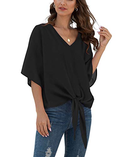 VIISHOW Womens Tie Front Chiffon Blouses V Neck Batwing Short Sleeve Summer Tops Shirts