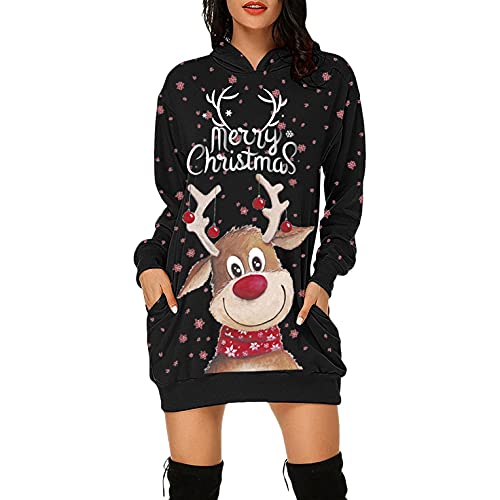 MEIYOUMK Weihnachtskleid Damen Weihnachtspullover Weihnachtspulli Kleid Weihnachts Kostüm Damen Hoodie Kleid Pullover Langarm Sweatshirts Kapuzenpullover mit Weihnachten motiv Festlich Partykleid Cover