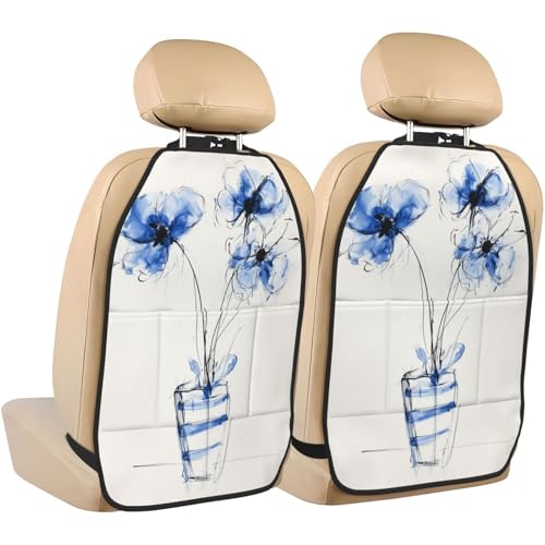 Blue Flowers In A Striped Vase Line Art Car Seat Back Kick Protectors,2 Pack Kick Mats With Storage Pockets For Vehicles To Protect From Dirt Mud Scratches