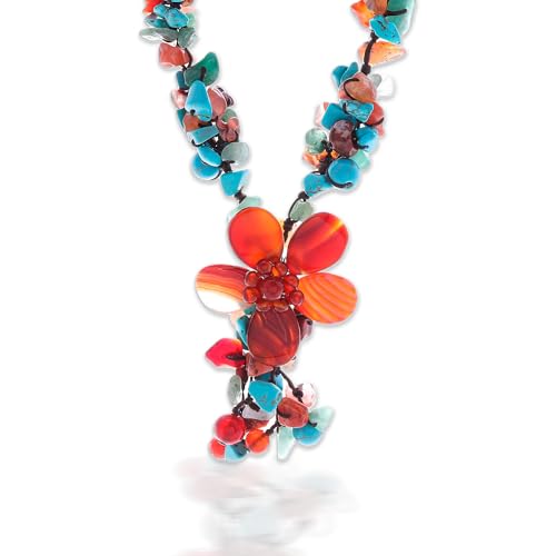 NOVICA Artisan Handmade Agate Carnelian Y Necklace Resin Bead Magnesite Aventurine Orange Turquoise Blue Beaded Thailand Celosia Floral Bohemian 'Summer Flower'
