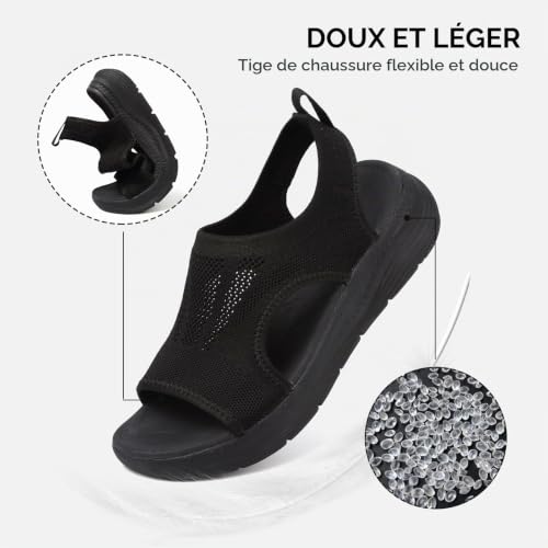 Mokayu Sandales de Sport pour Femme Orthopédiques avec Arch Support Légères Sandales Été Bout Ouvert Compensées Plate Forme Antidérapantes Noir EU39 – vue 5