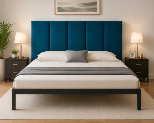 Image of Modern Velvet Upholstered Metal Bed Frame Queen Size - Durable Teal Headboard, Contemporary Bedroom Furniture