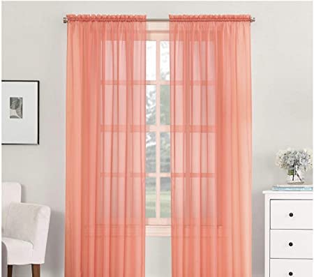 2 Piece Sheer Luxury Curtain Panel Set for Kitchen/Bedroom 84" Inches Long, Variation of Colors (Peach)