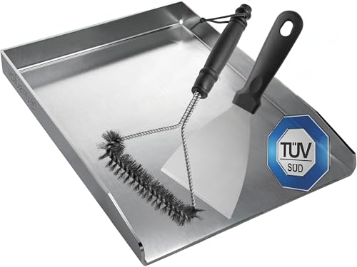 valuents Plancha – Plancha Placa de Acero Inoxidable – 40 x 30 cm – Adecuado para barbacoa de gas y barbacoa de carbón + Plus: cepillo y espátula para barbacoa, GP-BBQ-400