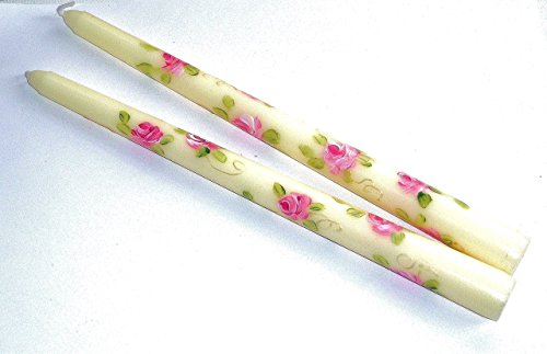 Dripless Smokeless Decorative Hand Painted Pink Rose Ivory Taper Candle Set Romantic Shabby Chic Decor Goddess Arts Collection #TOP3