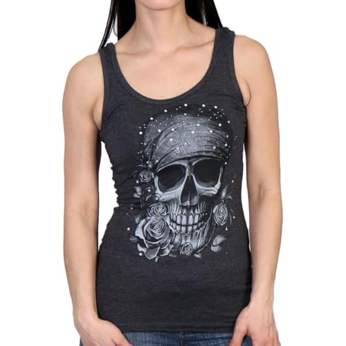 Hot Leathers - 24732 Skull Bandana with Crystal Studs Women's Biker Tank Top (Charcoal Heather, Medium)