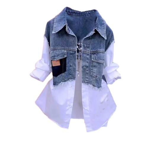 Women's Denim Patchwork Shirts Casual Long-Sleeved Lapel Buttons-Down Blouses Casual Tops