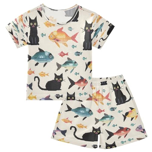 senya Short Sleeve Pajamas Sets Summer Cotton Sleepwear Fish and Cat