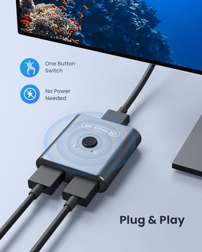 Image of vilcome HDMI Switch 4K@60Hz, Bidirectional HDMI Splitter 2 in 1 Out, Aluminum HDMI Switcher Supports Ultra HD 4K 1080P 3D HDR, Compatible for Fire Stick, PC, Xbox, PS5 /4 /3, Roke, Blu-Ray Player