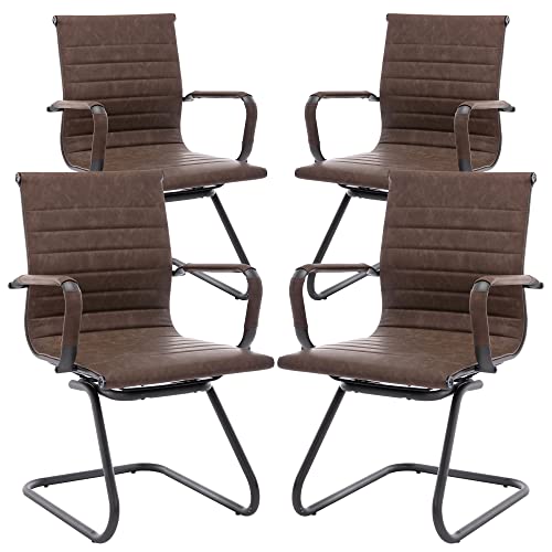 Image of Office Desk Chair No Wheels Set of 4 PU Leather Computer Chairs Mid Back Guest Chairs for School Reception Conference Waiting Room, Vintage Brown