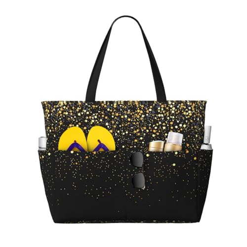 Grand sac de plage fonctionnel noir paillettes or avec poignées confortables