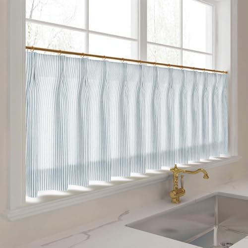 Image of TWOPAGES Pinch Pleat Cafe Curtains 36 Inch Long Ticking Stripe Light Filtering Farmhouse Half Window Curtains for Small Window (Light Blue Pinstripe, 26W x 36L Inches, Set of 2)