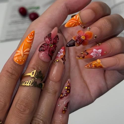 Autumn Press On Nails Long Almond, 3D Leaves & Orange