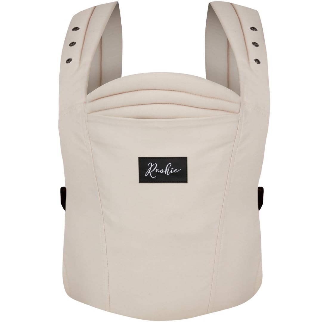 Rookie Babytrage ab Geburt - Ergonomisch, Bequem, Bio-Stoffe - Premium Elite Design - Baby Trage schnell & einfach angelegt - Baby carrier für Neugeborene bis 2 Jahre (Beige)