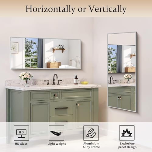 Image of COFENY Silver Bathroom Mirror for Wall, 20x48 Inch Rectangle Mirror with Metal Frame, Modern Vanity Mirrors for Bathroom Living Room, Entryway Hangs Horizontal or Vertical