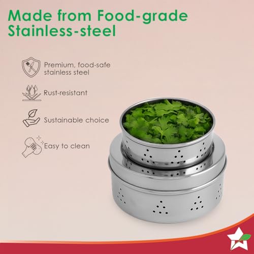 Image of Wonderchef Ambrosia Stainless-Steel Coriander Box (2 Pcs.) | Perforated Container for Air Circulation | Food-Grade, Non-Corrosive, Sturdy | 1-Year Warranty