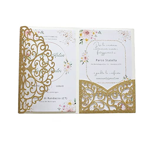 MillaSaw Hochzeitseinladungskarte mit Umschlag, goldfarben, lasergeschnitten, mit Glitzer, 20 Stück (goldfarben) Cover