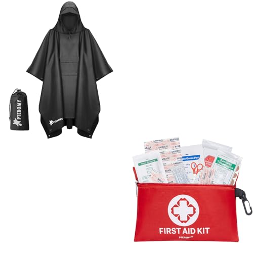 PTEROMY Hooded Rain Poncho + 150 Piece Mini Fist Aid Kit