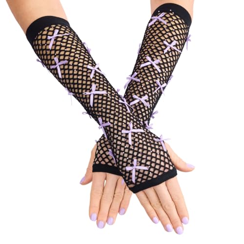 xo Fetti Black + Purple Rhinestone Fishnet Bow Gloves | Pop Star Rave Bachelorette Birthday Accessory Guts Concert Party Decorations Festival Supplies Halloween Costume