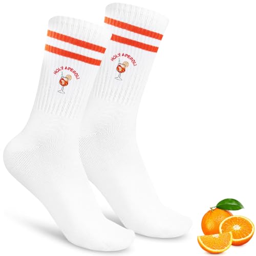 Szhhrxi Bestickte Aperol Socken Lustige Geschenkidee für Aperol-Liebhaber | Cocktail-Motiv | Weiße Baumwollsocken Unisex (Gr. 36-42) | Atmungsaktive Tennissocken Sportsocken Tennissocken Crew Socken