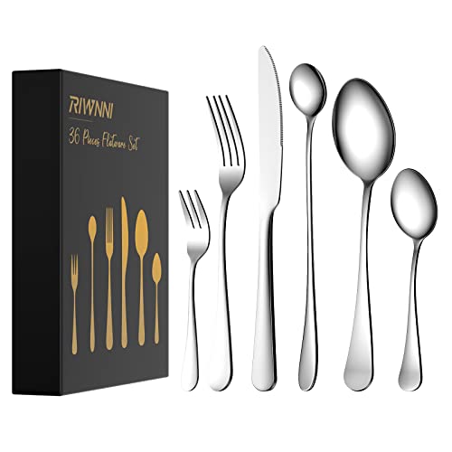 RIWNNI 36 Piezas Cubiertos Acero Inoxidable,Juego de Cubiertos para 6,Cuberterias Completas Modernas Incluye Cuchara, Tenedor, Cuchillo, Cuchara de Té, Tenedor de Ensalada, Cuchara de Postre-Plata