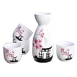 Panbado Juego de Sake de 5 Piezas de Gres, Conjunto Tradicional Japonés con 1 Botella de Sake y 4 Sake Cups de Cerámica, Estilo Japonés, Mejor Regalo de Cumpleaños, Navidad - Flor de Cerezo