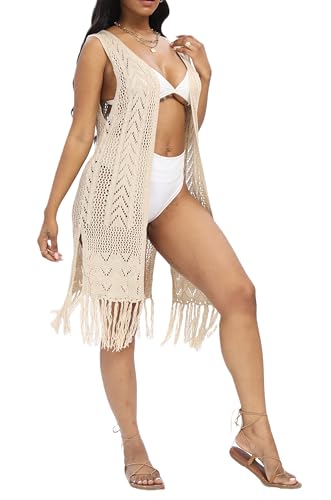 Women's Boho Open Front Crochet Cardigans Tassels Duster Beach Outwear3