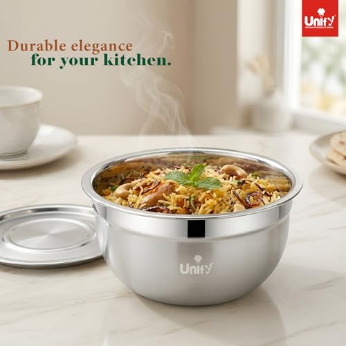 Image of Unify 3 Pieces Stainless Steel Serving Bowl Set with Lid | Mixing Big Bowls | Matt Finish, Kitchen Prep, Salad, Fruit, Desert & Storage Containers | Bowl Set for Kitchen & Dining Use (Solara Design)