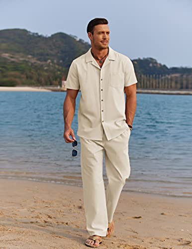 Image of COOFANDY Men 2 Piece Linen Outfit Beach Button Down Shirt Casual Loose Pant Sets