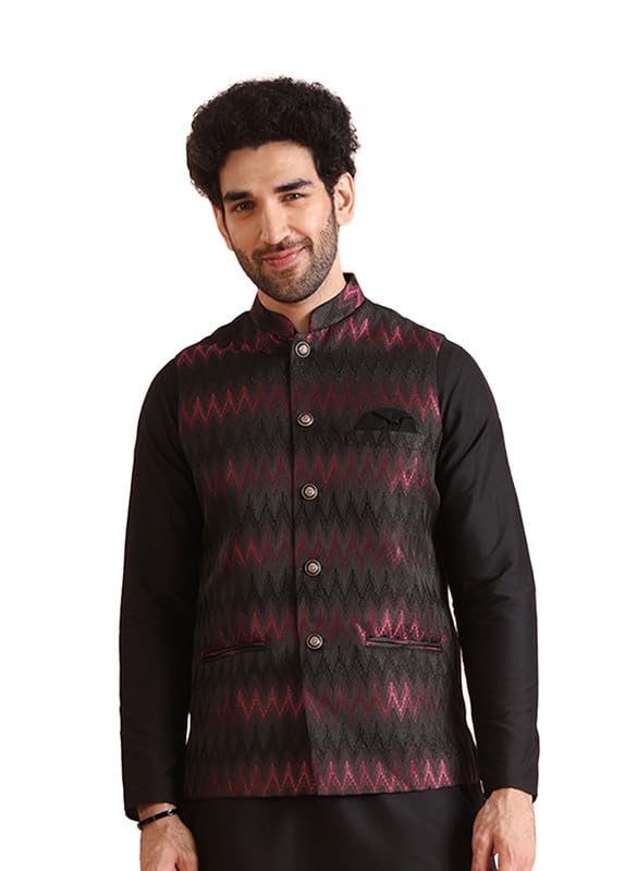 Kisah Mens Nehru Jacket|Silk Blend Waistcoat Jacquard Pattern Mens Ethnic Wear|Regular Fit Mandarin Collar Sleeveless, Black, 42