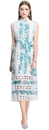 Image of LAI MENG FIVE CATS Women's Sleeveless Hollow Out Lace Button Up Casual Midi Party Dress with Belt