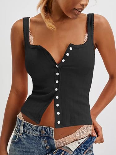 Women Ribbed Tank Tops Sleeveless Button Down Camisole Summer Scoop Neck Cropped Top2