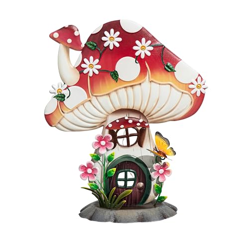 Evergreen Garden 16' LED Floral Mushroom House Garden Statue Outdoor, LED Light Mushroom House Garden Figurines for Lawn, Balcony, Yard, Outdoor Garden Decoration