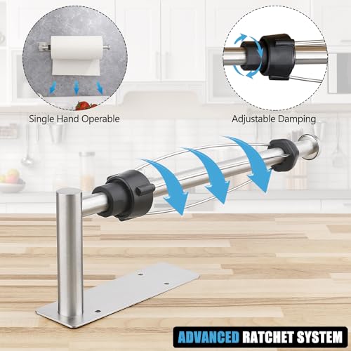 Image of Paper Towel Holder Under Cabinet, Single Hand Operable Paper Towel Roll Holder with Damping Effect, Self-Adhesive or Drilled Stainless Steel Paper Towel Holder for Kitchen Bathroom RV