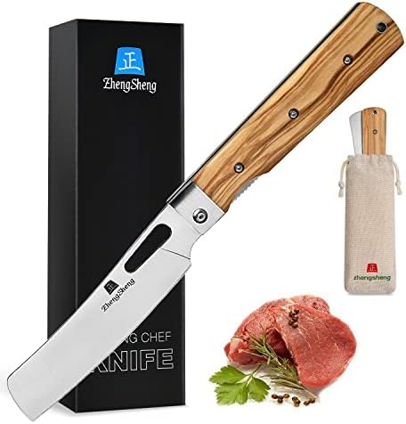 ZhengSheng Folding Chef Knife 4.8” Ultra Sharp 440A Stainless Steel Blade Natural Olive Handle Pocket Foldable Japanese Style Kitchen Knife for Outdoor Camping BBQ trip Cooking
