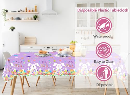 Easter-Tablecloth-Disposable-Plastic-Easter-Bunny-Eggs-Table-Cloth-Easter-Table-Cover-for-Spring-Outdoor-Birthday-Baby-Shower-Party-Supplies-Decorations2-PCSPurple54x108-Inch Easter Tablecloth Disposable Plastic Easter Bunny Eggs Table Cloth Easter Table Cover for Spring Outdoor Birthday Baby Shower Party Supplies Decorations2 PCSPurple54x108 Inch