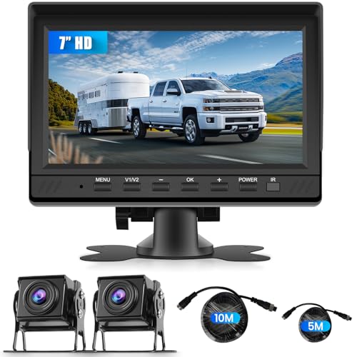 VECHTEL Kit Telecamera Posteriore IPS HD 7 Pollici con 2 Telecamera, Telecamera Retromarcia Auto con Impermeabile IP68 Visione Notturna DVR per 12V-36V Camion Autobus Furgoni Camper Pickup