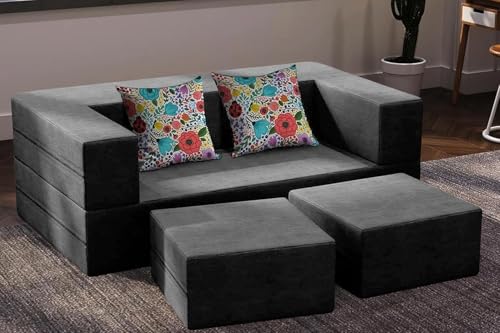 Image of Rosebell | 5x6 Feet C-Type Sofa Cum Bed | Jute Fabric with Washable Cover | Foldable Sofa Two Seater with Pouffe for Living Room & Office | Grey