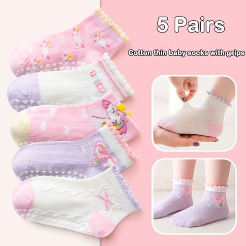 Baby Girls Toddler Socks With Grippers,5 PCS Cute Ruffle Summer Mesh Socks Frilly Dress Baby Crew Socks 1-8 Years3