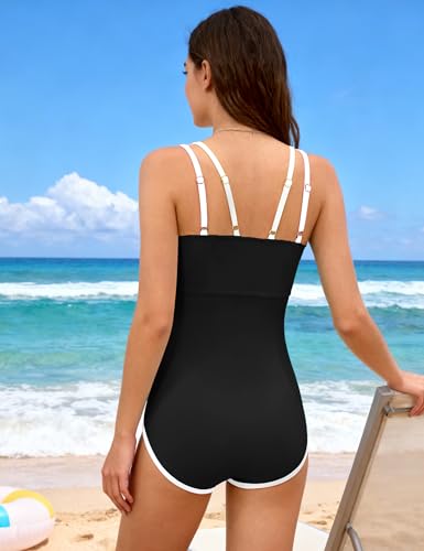 Image of BAVADER Girls Swimsuit One Piece Modest Girls Bathing Suit Solid Square Neck Ruched Adjustable Straps Padded Swimwear 9-16y