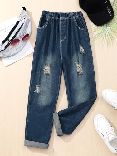 Tween Girls 8-12Y New Ripped Jeans Elastic Waist Pull On 100% Cotton Relaxed Fit Pants2