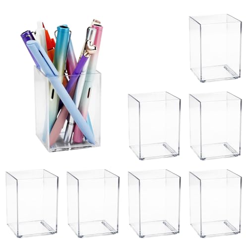 X-BLTU Juego de 8 Acrílico Portalápices Escritorio, Soportes para Bolígrafos de Cuadrado, Soporte Transparente para Brochas de Maquillaje, Organizador de Papelería para Oficina Hogar Escuela Cocina